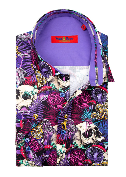 Mens Skull Dress Shirt | Psychedelic Purple Skull and Magic Mushroom Print