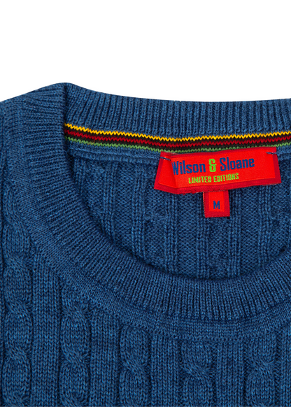 Men's Indigo Mildura Wool Cable Knit Crew Neck Jumper