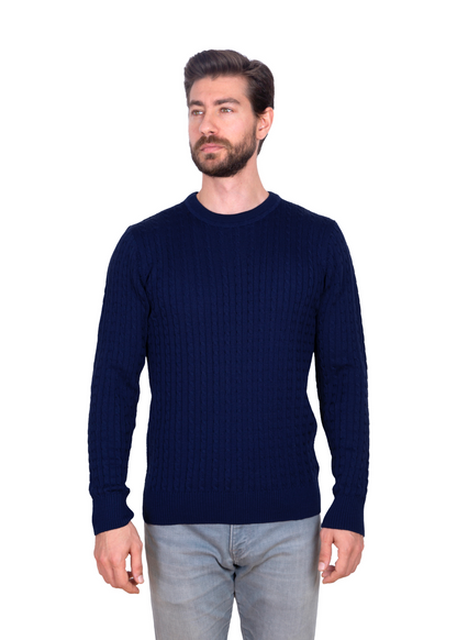 Men's Ink Blue Mildura Wool Cable Knit Crew Neck Jumper