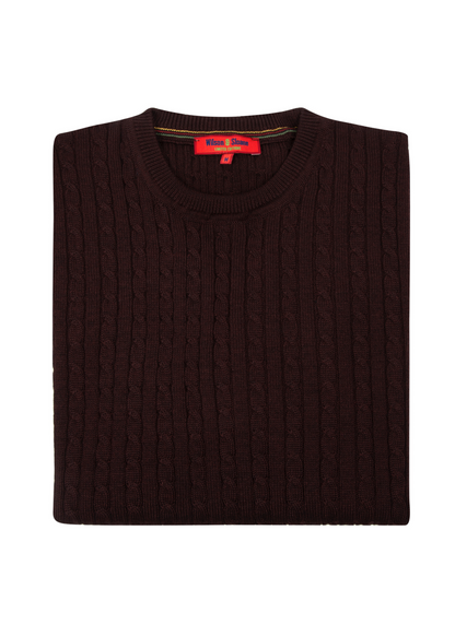 Men's Maroon Brown Mildura Wool Cable Knit Crew Neck Jumper